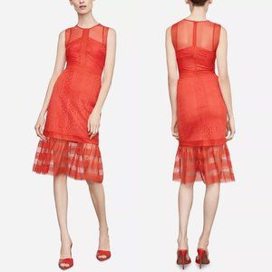 BCBGMAXAZRIA Midi Mixed Lace Illusion Sheath Dress in Poppy Red (S)